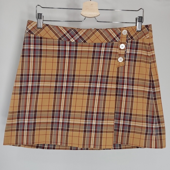 Lady Hagen Plaid Mini Skort 8 Stretch Button Brown Preppy Academia Y2K Clueless - Picture 1 of 7
